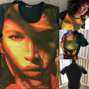 Sexy VINTAGE 80s Face Print Short Sleeve TOP Small